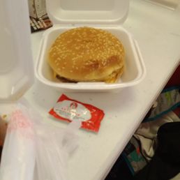 a hamburger in a styrofoam container a hamburger in a styrofoam container