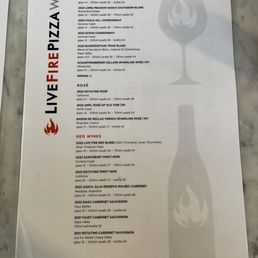 Wine menu at Live Fire Pizza in the Oxbow Public Market in Napa. Wine menu at Live Fire Pizza in the Oxbow Public Market in Napa.