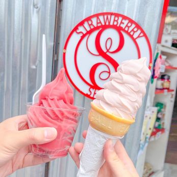 Strawberry Shack - Left: Strawberry Dole Whip Right: Strawberry Custard Cone (IG @boba._.addict) - Desserts Near Me - Carlsbad, California