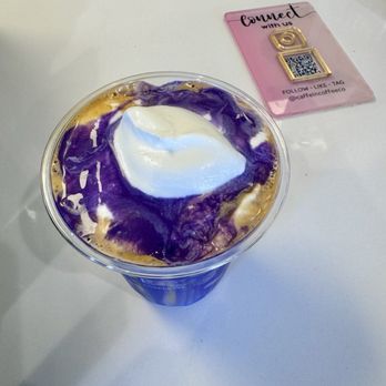 Caffe In Coffee Co - Ube Lava (Cream Top Latte) - base has no caffeine, add an espresso shot for $.75 - Coffee & Tea Near Me - Anaheim, California Caffe In Coffee Co - Ube Lava (Cream Top Latte) - base has no caffeine, add an espresso shot for $.75 - Coffee & Tea Near Me - Anaheim, California