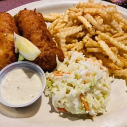 Sunset Harbor Bar and Grill - 2-piece cod, crinkle fries and slaw.