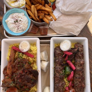 Mazra - Tzatziki, Cucumber Yoghurt, French Fries, Garlic Roasted Potatoes, Pita Bread, Lamb Shank Plate, Double Beef Kebab Plate - Middle Eastern Near Me - San Bruno, California Mazra - Tzatziki, Cucumber Yoghurt, French Fries, Garlic Roasted Potatoes, Pita Bread, Lamb Shank Plate, Double Beef Kebab Plate - Middle Eastern Near Me - San Bruno, California