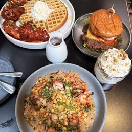 Shrimp Juk, Buchu Jeon Waffle & Mala Fried Chicken, Brunch Smash Burger, Matcha Parfait Shrimp Juk, Buchu Jeon Waffle & Mala Fried Chicken, Brunch Smash Burger, Matcha Parfait