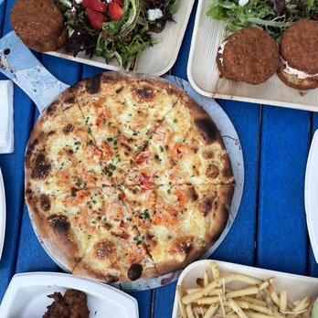 Seaside Cafe - Pizza - Lobster Bianca, Honey-Butter Lobster Biscuits, Parmesan Truffle Fries, Conch Fritters, Salad - Pizza Near Me - Key West, Florida