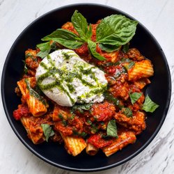 Ambitious Cuisine - Spicy Sausage Rigatoni with Truffle Burrata & Basil Oil