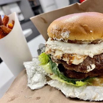 Hangry Burger - Sweet Potato Fries and #5 Livid Lamb Burger -  Double (10oz) w/ a fried egg - Burgers Near Me - Springfield, Virginia