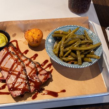 Route 23 BBQ - Brisket with Green Beans, cornbread and pickles. - Barbeque Near Me - East Tawas, Michigan Route 23 BBQ - Brisket with Green Beans, cornbread and pickles. - Barbeque Near Me - East Tawas, Michigan