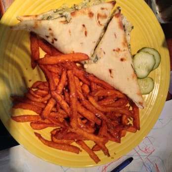Barking Dog Bar & Grill - Baked chicken and artichoke sandwich with Sweet Potato fries and really good pickles! - American Near Me - Amesbury, Massachusetts