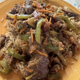 The rice and veggies and sauce are good. The meat is not edible The rice and veggies and sauce are good. The meat is not edible