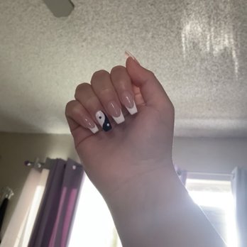 The Nail Loft - Yin and Yang inspired nails, white french-tip nails with the Yin and Yang sign on the ring finger. - Nail Salons Near Me - Montclair, California