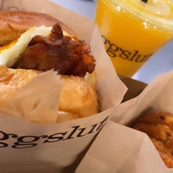 Eggslut - Bacon, Egg & Cheese, Mini Hash-browns & Fresh Orange Juice - Breakfast & Brunch Near Me - Los Angeles, California Eggslut - Bacon, Egg & Cheese, Mini Hash-browns & Fresh Orange Juice - Breakfast & Brunch Near Me - Los Angeles, California