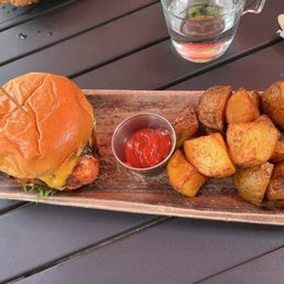 Homemade chicken patty sandwich home fries