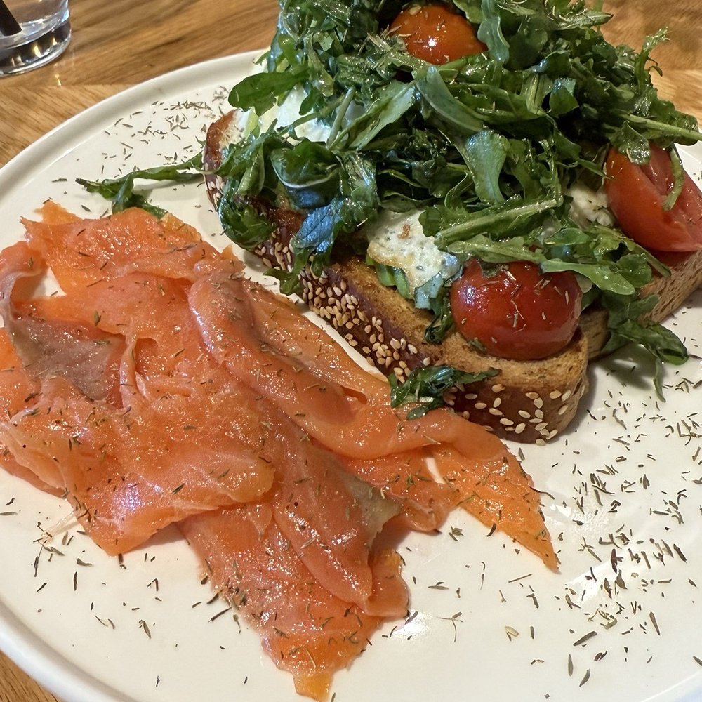 Avocado toast, no cheese and smoked salmon on the side. Avocado toast, no cheese and smoked salmon on the side.