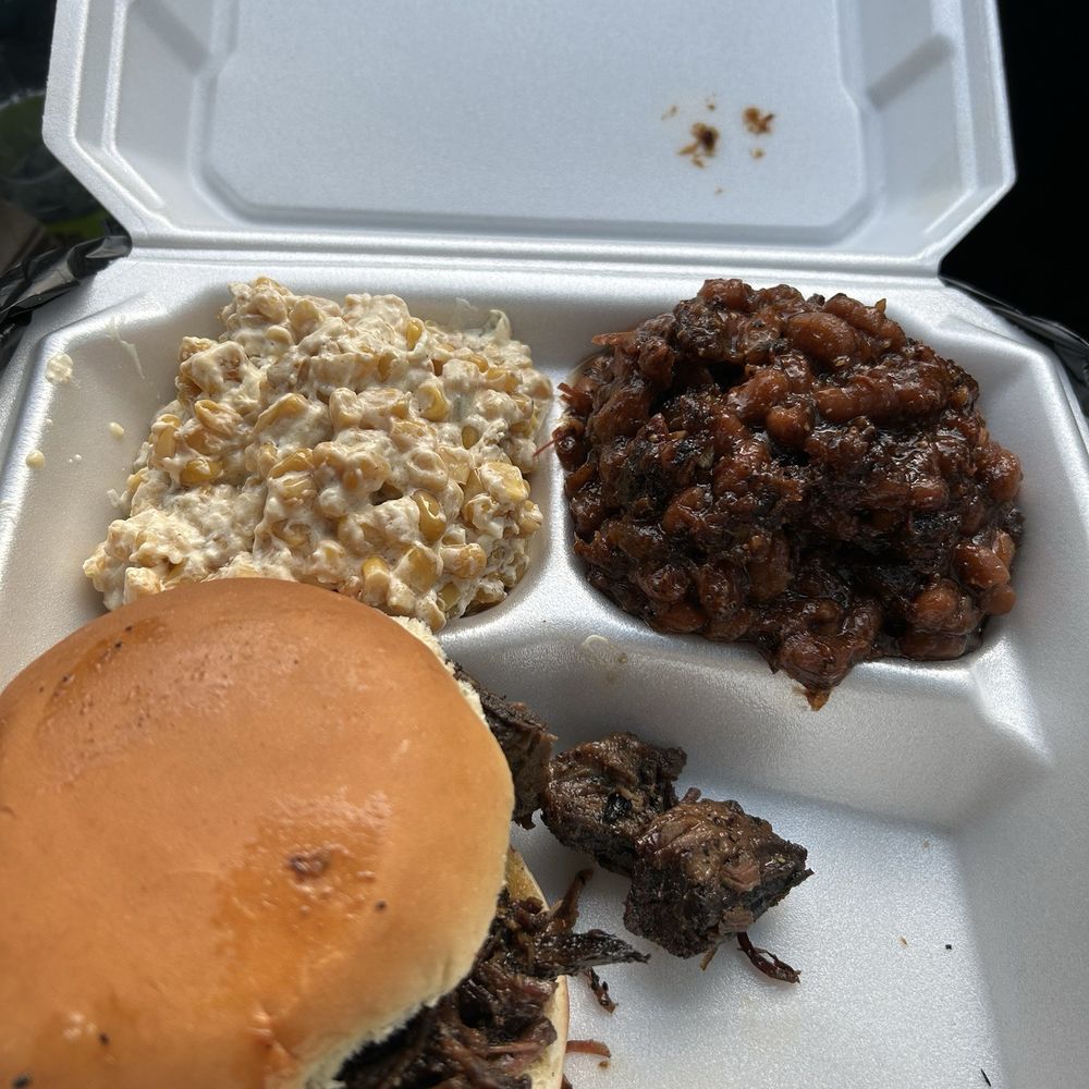 ChickHoovenSwine BBQ - Burnt ends with beans and cheesy corn - Food Trucks Near Me - Spring Hill, Kansas