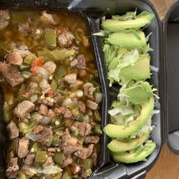 Chili Verde con carne and avocado salad