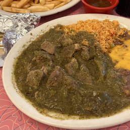 Chile Verde Pork, rice & beans  Corn or flour tortillas come with.