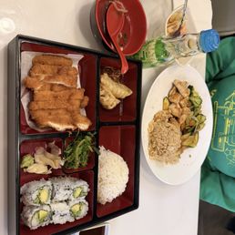 Chicken Katsu Lunch Box, Chicken Hibachi Lunch, Clear Mushroom soup, Salad, and Melon Japanese soda