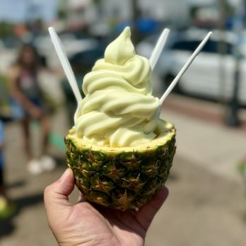 The Pineapple Hut - "Paradise Whip" (pineapple whip served inside of a fresh pineapple with pineapple chunks at the base) - Ice Cream & Frozen Yogurt Near Me - Folly Beach, South Carolina The Pineapple Hut - "Paradise Whip" (pineapple whip served inside of a fresh pineapple with pineapple chunks at the base) - Ice Cream & Frozen Yogurt Near Me - Folly Beach, South Carolina