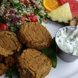 Falafel platter served with hummus, tetzeki and tabbouleh on the side.  Great light lunch, arguably the best falafel in the city