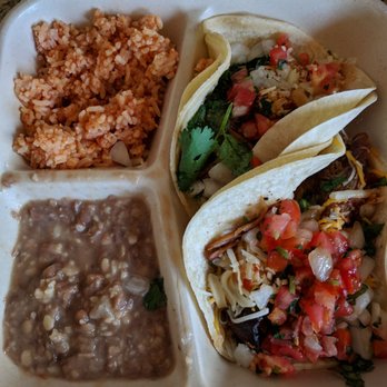 Chronic Tacos - Taco plate - one carnitas, one shrimp (cheese, cilantro and Pico on top) with Spanish rice and refried beans. - Mexican Near Me - Hesperia, California Chronic Tacos - Taco plate - one carnitas, one shrimp (cheese, cilantro and Pico on top) with Spanish rice and refried beans. - Mexican Near Me - Hesperia, California