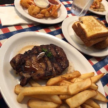 T-Bone Tom's - Ribeye, Steak Fries and a side of fried shrimp. Texas toast to mop up the juicy goodness of the steak! - Barbeque Near Me - Kemah, Texas T-Bone Tom's - Ribeye, Steak Fries and a side of fried shrimp. Texas toast to mop up the juicy goodness of the steak! - Barbeque Near Me - Kemah, Texas