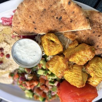 The Grill Stories - Chicken Shish Plate w/hummus, rice, Mediterranean Salad, grilled tomato, pickled onions, pita bread, Tzatziki sauce - excellent - Mediterranean Near Me - San Fernando, California The Grill Stories - Chicken Shish Plate w/hummus, rice, Mediterranean Salad, grilled tomato, pickled onions, pita bread, Tzatziki sauce - excellent - Mediterranean Near Me - San Fernando, California