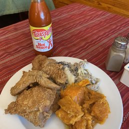 The most perfect fried chicken and yams. The most perfect fried chicken and yams.