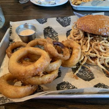 Brew City Grill - The STEVE AUSTIN with Onion Rings ($3 upgrade) - Burgers Near Me - Campbell, California