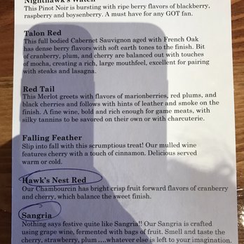 Hawk Ridge Winery - The wines available for the wine tasting, you circle which one you want to try. Back page. - Wineries Near Me - Watertown, Connecticut