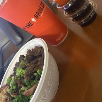 Flame Broiler - Half and half bowl with veggies and a drink - Asian Fusion Near Me - Moreno Valley, California