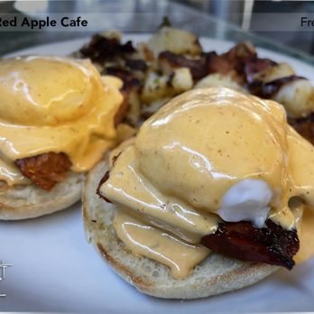 Red Apple Cafe - Hot Link Sausage Benedict - Made with a chipotle hollandaise sauce - Breakfast & Brunch Near Me - Fresno, California Red Apple Cafe - Hot Link Sausage Benedict - Made with a chipotle hollandaise sauce - Breakfast & Brunch Near Me - Fresno, California
