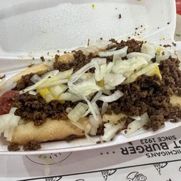 Flint-style (loose meat) coney Flint-style (loose meat) coney