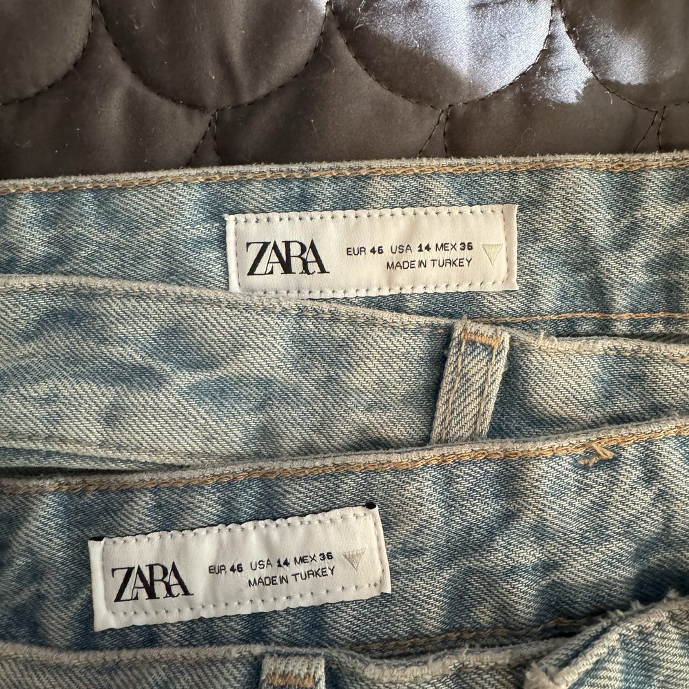 Two pairs of the same jeans labeled the same size, one is incorrect Two pairs of the same jeans labeled the same size, one is incorrect