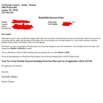 US Storage Centers - Wild rent increase...333% more a month?! - Self Storage Near Me - Austin, Texas