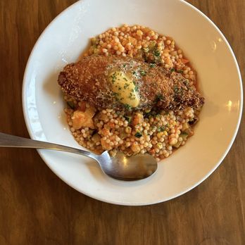 Moon & Turtle - Market Fish -  Panko crusted local mahi, Kauai shrimp, pearl couscous, market vegetables, Kauai shrimp/ tomato dashi, Kauai shrimp butter - Seafood Near Me - Hilo, Hawaii