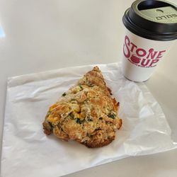 Stone Soup PDX Café - Jalapeño cheddar scone & coffee