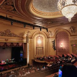 Beautiful stage and chandeliers.