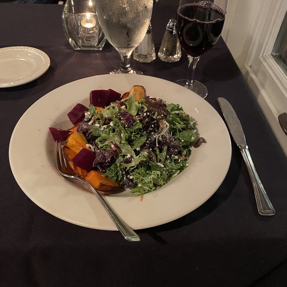Roasted Root Salad (Beets, Parsnip, Butternut Squash, Cranberry, Goat Cheese, Sunflower Seeds, Kale, and a creamy Brie Dressing)