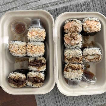 Musubi Square - Beef bulgogi, spicy crab, crispy soft-shelled crab, and miso salmon musubi - Asian Fusion Near Me - Anaheim, California Musubi Square - Beef bulgogi, spicy crab, crispy soft-shelled crab, and miso salmon musubi - Asian Fusion Near Me - Anaheim, California