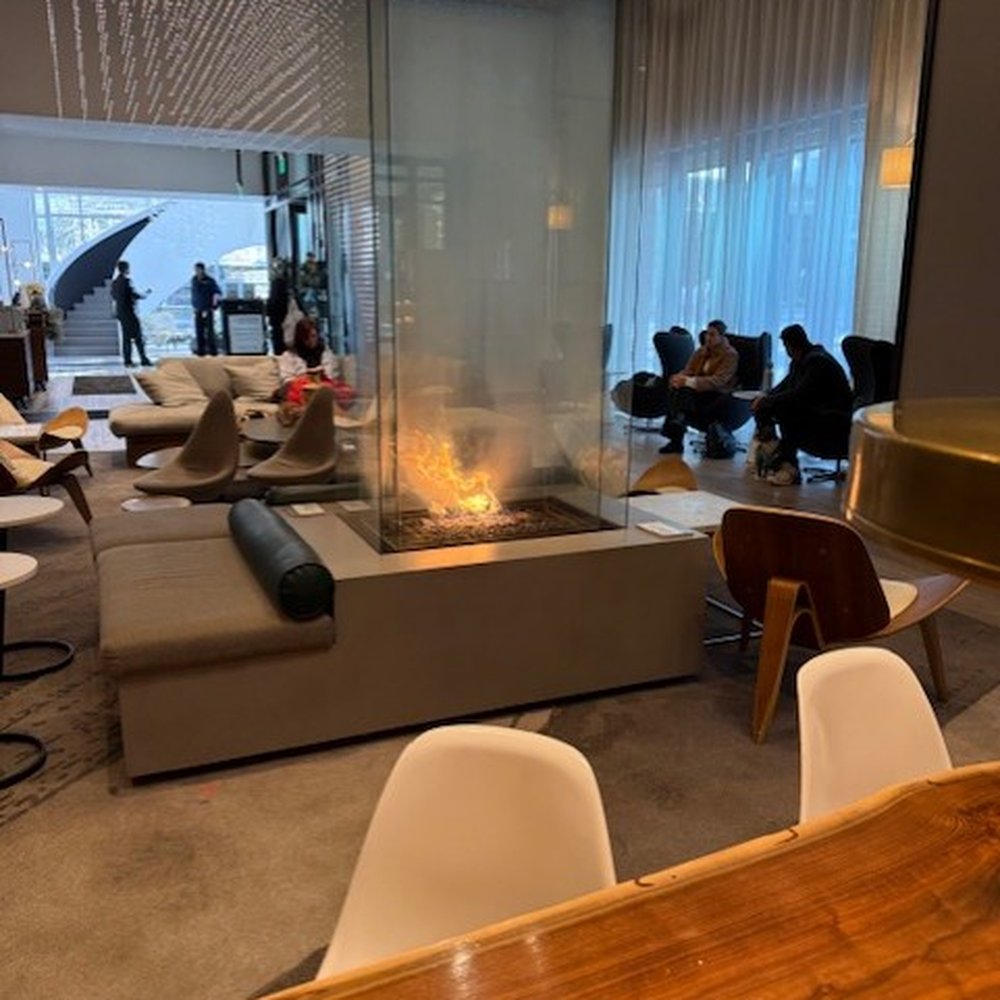 Corinne Denver - Lobby of the Meridian with fireplace - Breakfast & Brunch Near Me - Denver, Colorado