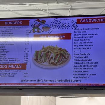 Jim's Burgers - Menu (sorry can't get rid of the light glare) - Burgers Near Me - Monrovia, California