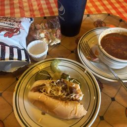 American Coney dog with chili and cheese, cup of chili, chips