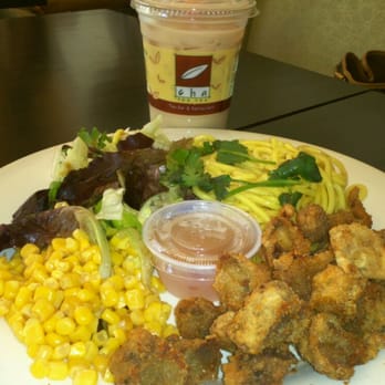 Cha For Tea - popcorn chicken with garlic noodles and almond black milk tea - Coffee & Tea Near Me - Irvine, California Cha For Tea - popcorn chicken with garlic noodles and almond black milk tea - Coffee & Tea Near Me - Irvine, California