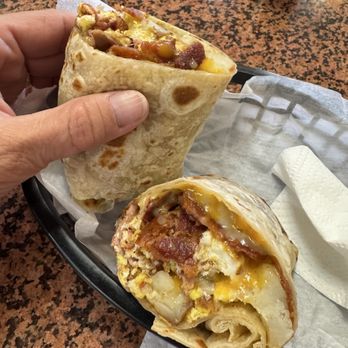 CJ Deli - Bacon and ham breakfast burrito. Just the right size to be full, but not uncomfortable. - Salad Near Me - Cypress, California