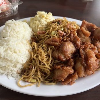 Pacific Island Taste - Mochiko chicken with fried saimin .... Guy said chow fun had run out.  I wanted chow fun too.... Mac salad with rice. - Hawaiian Near Me - Las Vegas, Nevada
