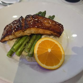 Catch Oyster Bar - Teriyaki Salmon over risotto with asparagus - Seafood Near Me - Patchogue, New York