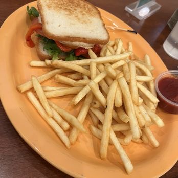Lovin Spoonfuls Vegan Restaurant - Hummus sandwich on gluten-free bread & thin fries - Vegan Near Me - Tucson, Arizona