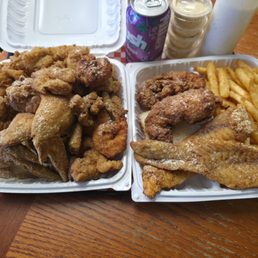 3 meat combo: Catfish Nuggets, Jumbo Shrimp, Wings and Fries.   2 meat combo: Chicken Tenders, Red Snapper and Fries.