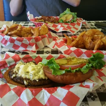 Brisket Burger - Black and blue burger and bacon cheeseburger with sidewinder fries - Burgers Near Me - Denton, Texas