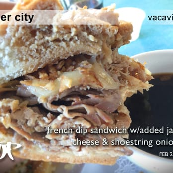 Burger City - Their popular french dip sandwich w/added pepper jack cheese & shoestring onions ($9.99 + $1.50) - Burgers Near Me - Vacaville, California Burger City - Their popular french dip sandwich w/added pepper jack cheese & shoestring onions ($9.99 + $1.50) - Burgers Near Me - Vacaville, California